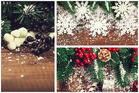 Christmas collage with gifts,toys and fir tree branches. Christmas collectionの写真素材
