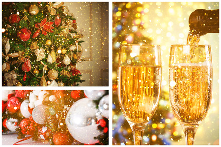 Christmas collage with gifts,toys and fir tree branches. Christmas collectionの写真素材