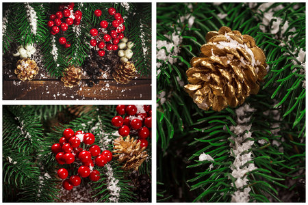 Christmas collage with gifts,toys and fir tree branches. Christmas collectionの写真素材
