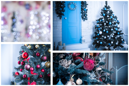 Christmas collage with gifts,toys and fir tree branches. Christmas collectionの写真素材