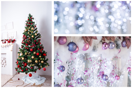 Christmas collage with gifts,toys and fir tree branches. Christmas collectionの写真素材