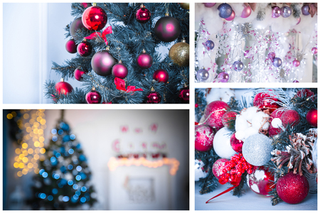 Christmas collage with gifts,toys and fir tree branches. Christmas collectionの写真素材