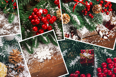 Christmas collage with gifts,toys and fir tree branches. Christmas collectionの写真素材