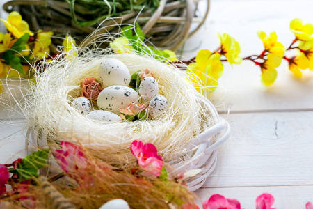 Beautiful Easter background with flowers and nest with eggs on white painted boards