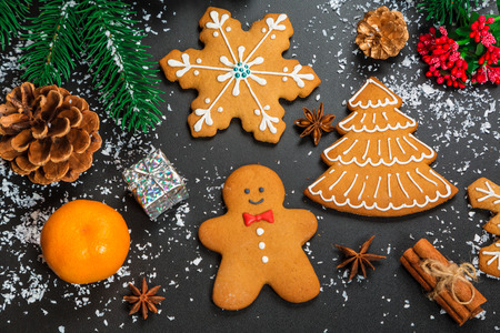 Christmas cookies with candy, cone and fir festive decoration with snow