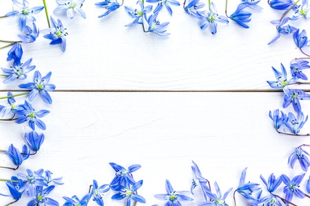 Spring frame with flowers snowdrops on white wooden background with free spaceの写真素材