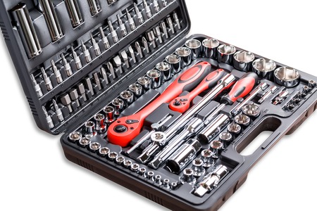 Set of hand tools. Many wrench and tools close-up in box for to repair the car or replace automotive...