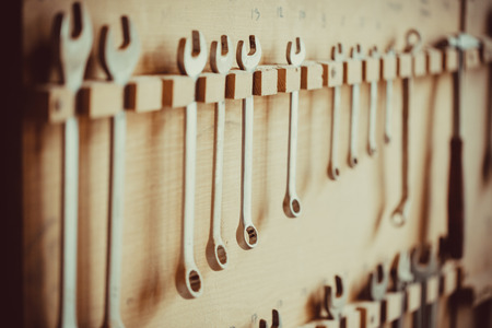 wrenches on the wall in the carpentry workshop