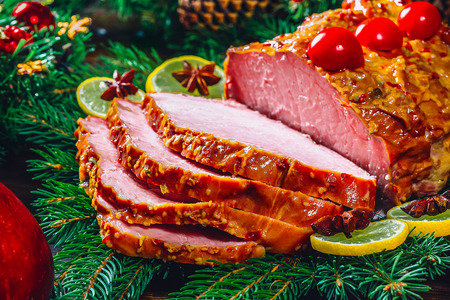 Christmas table dinner time with roasted meats, candles and New Year dÃ©cor. Background thanksgiving day. The concept of a family holiday, Beautiful delicious foodの写真素材