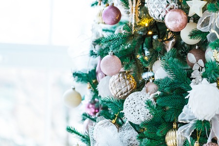 Christmas tree in Christmas living room. Beautiful New Year decorated classic home interior. Winter backgroundの写真素材