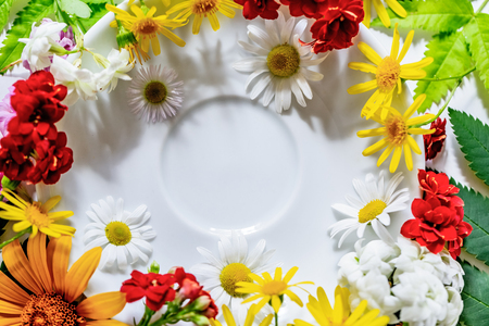 Various colorful spring flowers creating pattern on white saucer background. Flat lay summer natural concept. Free spaceの写真素材