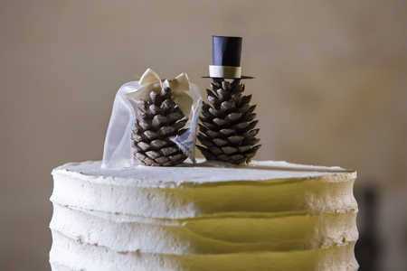 Wedding cake decorated with cones in the shape of a bride and groom on a gray backgroundの写真素材