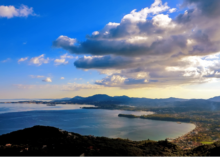 Evening Panorama of mountain and sea view in Pantokrator, Corfu, Greece