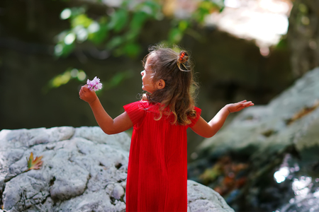 Back view of Little girl in red dress looking at the river in Evia, Greeceの写真素材