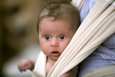 Cute child sitting in sling with copy spaceの写真素材