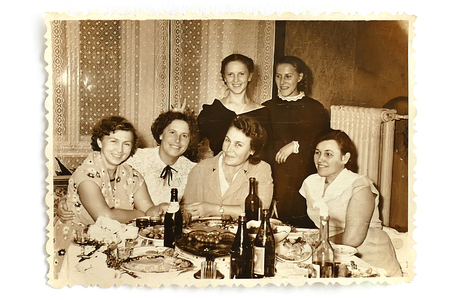 SOVIET UNION - 1957, old black and white photo of a group of women behind the tableのeditorial素材