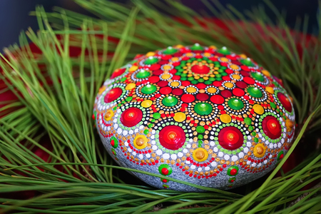 Beautiful mandala painted on a stone with Christmas tree branchesの写真素材