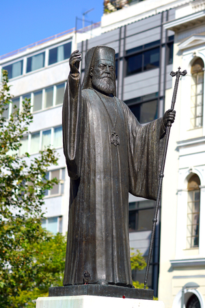 Statue of the Archibishop Damaskinos in Metropoli square, in Athens, GREECEのeditorial素材