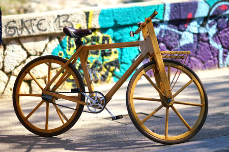 Perfectly working bicycle made with woodの写真素材