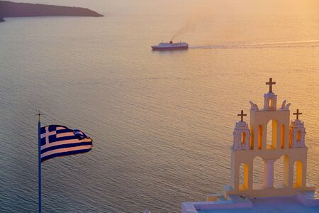 Panoramic view of the Caldera with a church in Santorini, Greeceの写真素材
