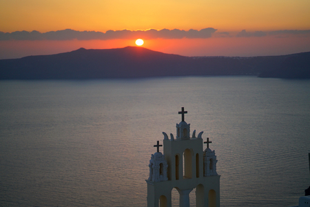 Panoramic view of the Caldera with a church in Santorini, Greeceの写真素材