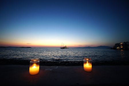 Suggestive night view in Chora in the area called Little Venice in Greeceの写真素材