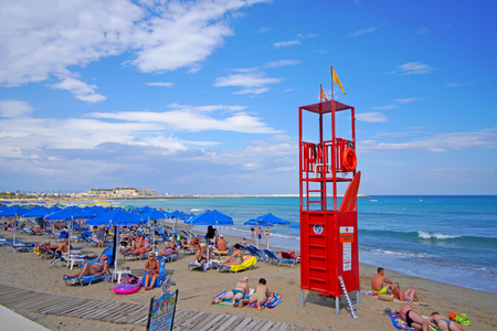 Rethymnon, Crete, Greece September 30 2018 View of Rethimnon city beach full of tourists even in late summerのeditorial素材
