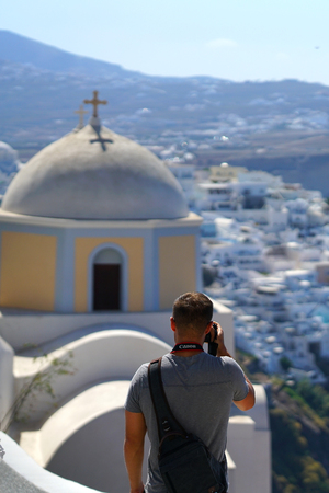 Santorini, Greece, September 21 2018, tourist take photographs in Thiraのeditorial素材