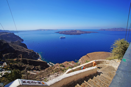 Panoramic view of the Caldera with cruise ship in Santorini, Greeceのeditorial素材