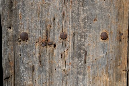 Detail of an old wooden door with rusty nails