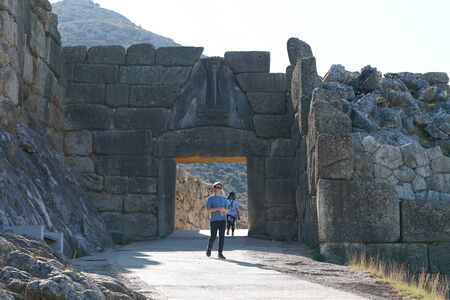 Mycenae, Greece, October 05 2019 Tourists of various nationalities visiting the archaeological site...