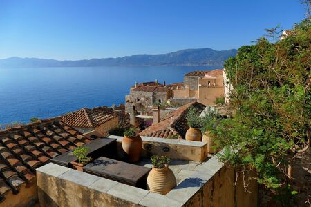 Panoramic view of the city inside the mythical castle of Monemvasia, in Greeceの写真素材