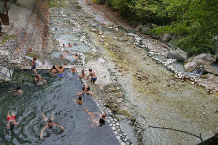 Pozar, Greece, 12 October 2019 Tourists and locals bathe in the always hot thermal watersのeditorial素材