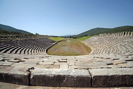 Panoramic view of the stadium in ancient Messini archaeological site, south Peloponnese, Greeceの写真素材