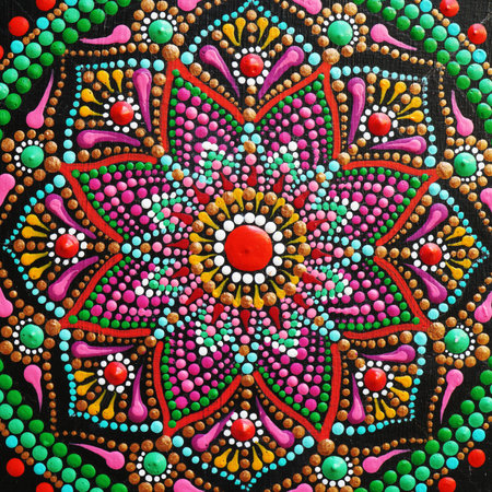 Beautiful hand painted mandala on black backgroundの写真素材