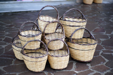 Autumn in Italy, Calabria, wicker baskets for mushroomsの写真素材