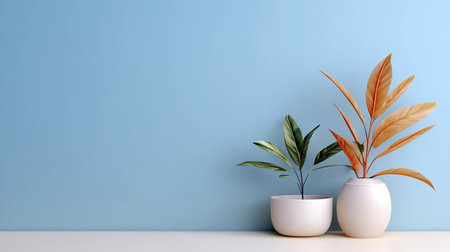 Indoor plant in a white vase on a blue wall backgroundの素材