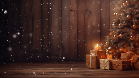 Decorated christmas tree with light and gifts on wood backgroundの素材