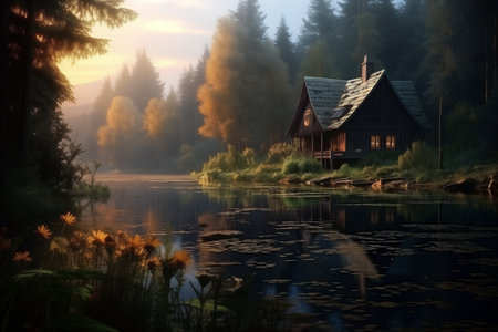 peaceful landscape with chalet on lakeの素材