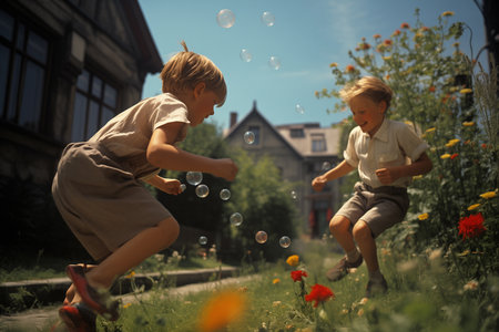 two boys playing with soap bubbles on the grass with flowersの素材