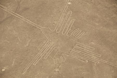 The Hummingbird Geoglyph at the Nazca Lines in Peruの写真素材