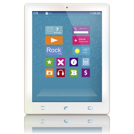 White tablet computer with color icons on display isolated on white backgroundのイラスト素材
