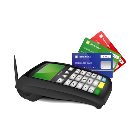 Wireless payment terminal with blue, green and red bank cards isolated on white backgroundのイラスト素材