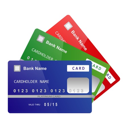 Set of color bank credit cards folded like a fan isolated on white backgroundのイラスト素材