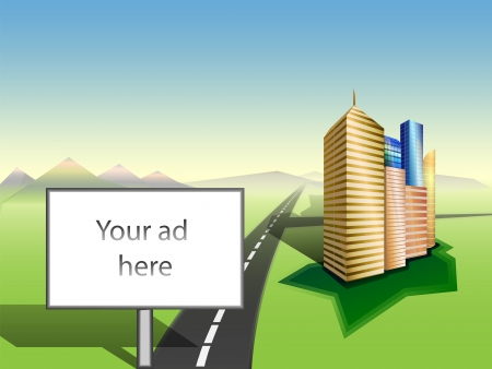 Large Billboard with white copy space  Cityscape  Grass  Road to mountains skyline のイラスト素材