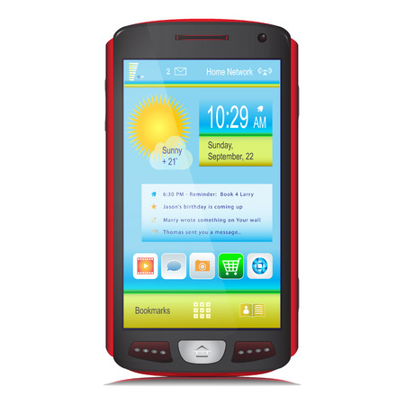 Touch Screen mobile phone isolated on white background  Black and red body colors  Content on display のイラスト素材