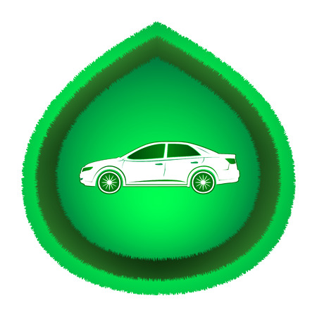 Eco-friendly white car on green leaf. Icon, isolated on white .のイラスト素材
