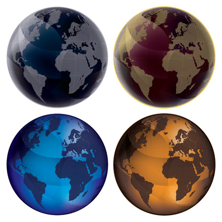 Set of color globes, isolated on white background: blue, dark blue, orange and vinous. Map of Earth planet.のイラスト素材