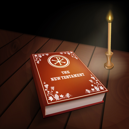 New Testament book with red cover on wood table with burning candle. Dark background. Close up vector illustration.のイラスト素材