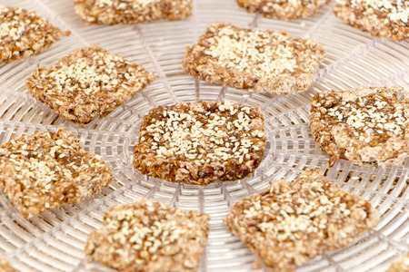 Vegan cookies from wheat with wheat germ, raisins and sesame in preparing process on the dehydrator grid. Stacked in circle shape. Top angle view. Close up photo.の写真素材